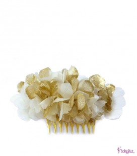 Peineta de hortensias preservadas dorada y marfil